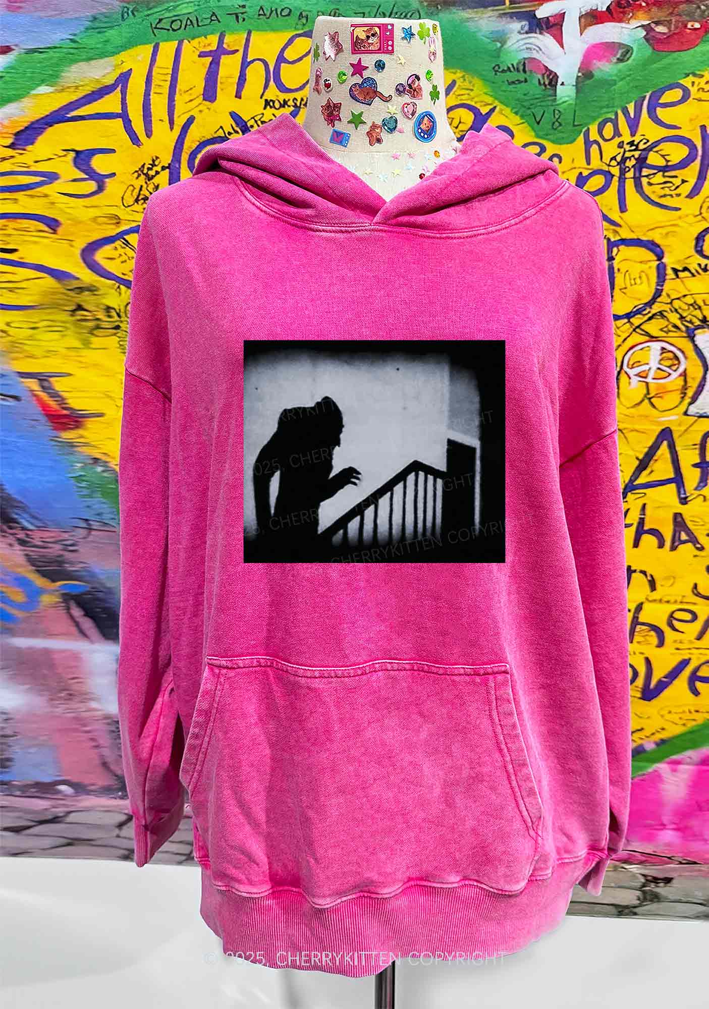 Halloween Stairs Intruder Y2K Washed Hoodie Cherrykitten
