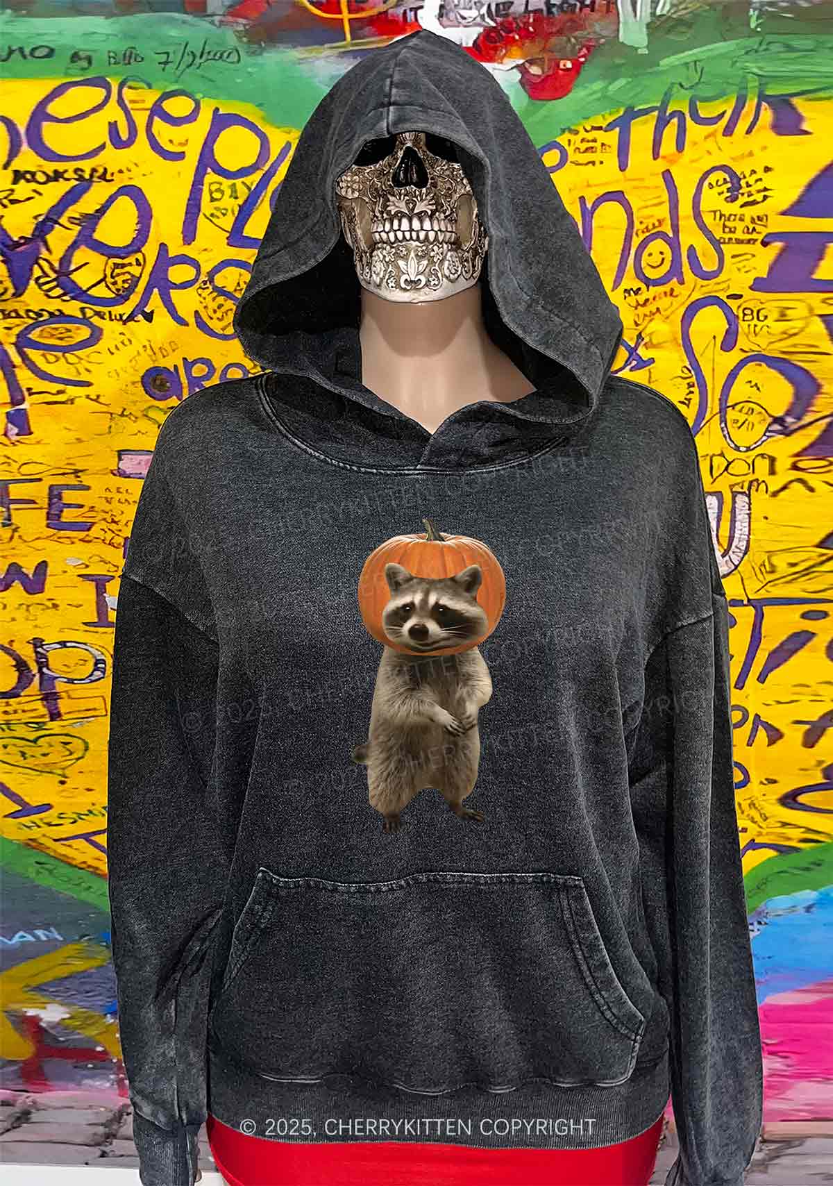Halloween Silly Raccoon Y2K Washed Hoodie Cherrykitten