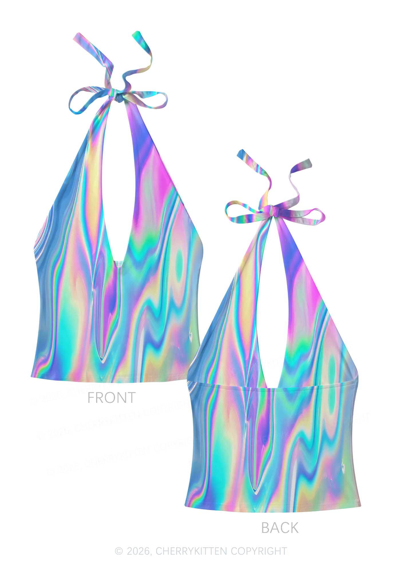 Holographic Iridescent Swirl Y2K Print Halter Deep V Neck Cami Cherrykitten