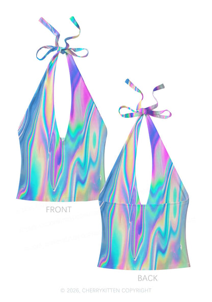 Holographic Iridescent Swirl Y2K Print Halter Deep V Neck Cami Cherrykitten
