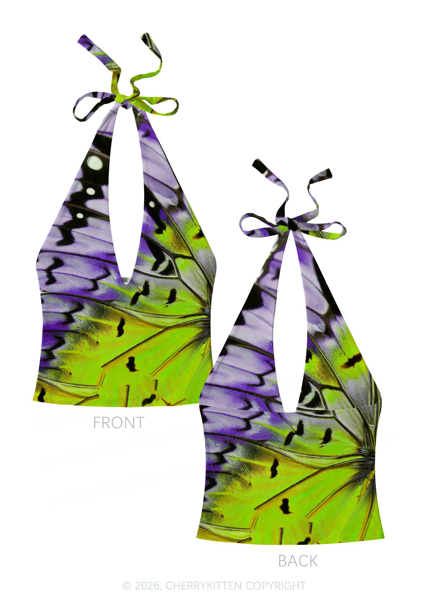 Purple Lime Butterfly Wing Y2K Print Halter Deep V Neck Cami Cherrykitten