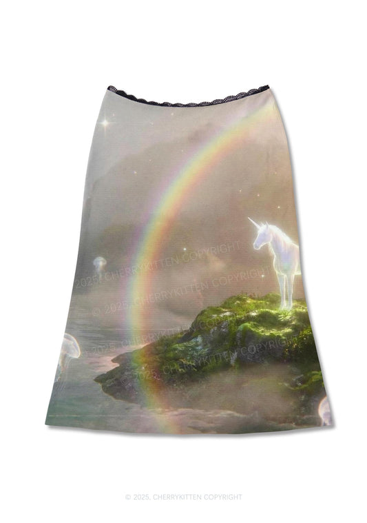 Rainbow Glowing Unicorn Y2K Print Midi Skirt Cherrykitten