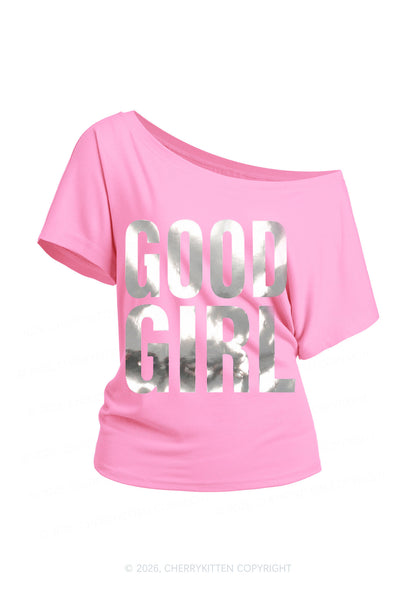 Good Girl Silver Foil Printed Y2K Off Shoulder Tee Cherrykitten