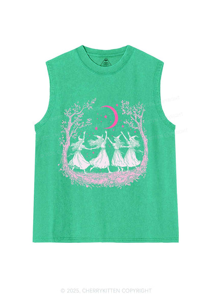 Halloween Witches Dancing Under Moon Y2K Washed Muscle Tank Cherrykitten