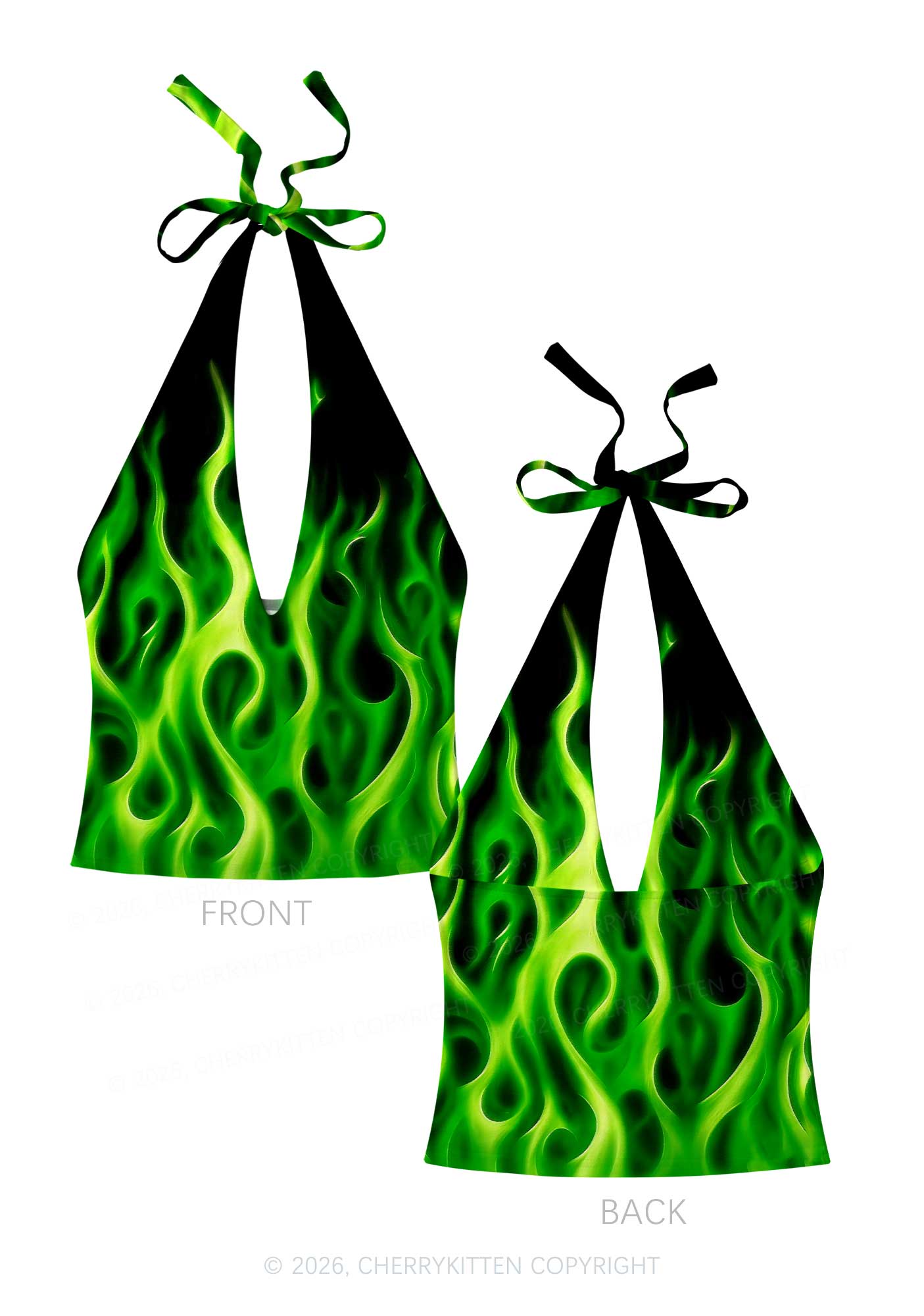 Neon Green Flame Y2K Print Halter Deep V Neck Cami Cherrykitten