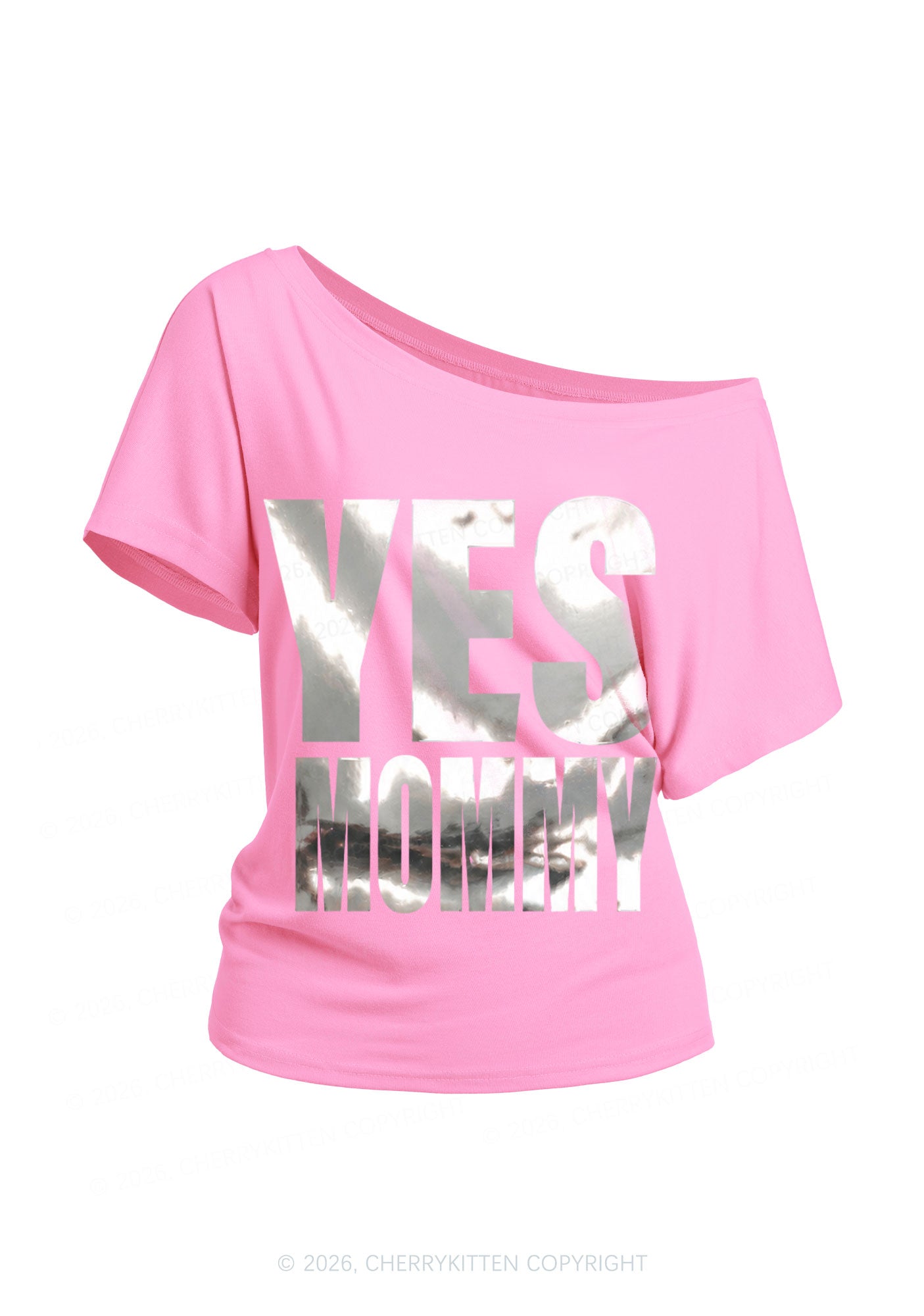 Yes Mommy Silver Foil Printed Y2K Off Shoulder Tee Cherrykitten