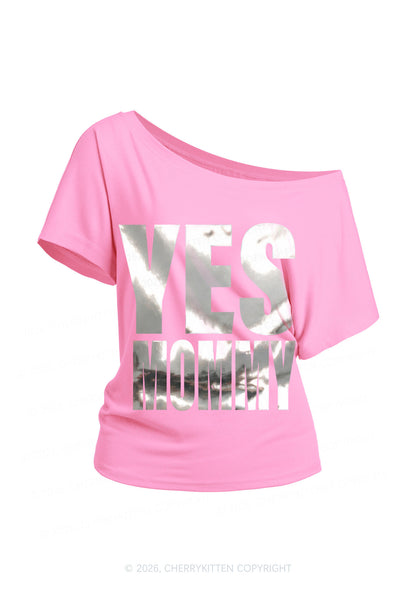 Yes Mommy Silver Foil Printed Y2K Off Shoulder Tee Cherrykitten