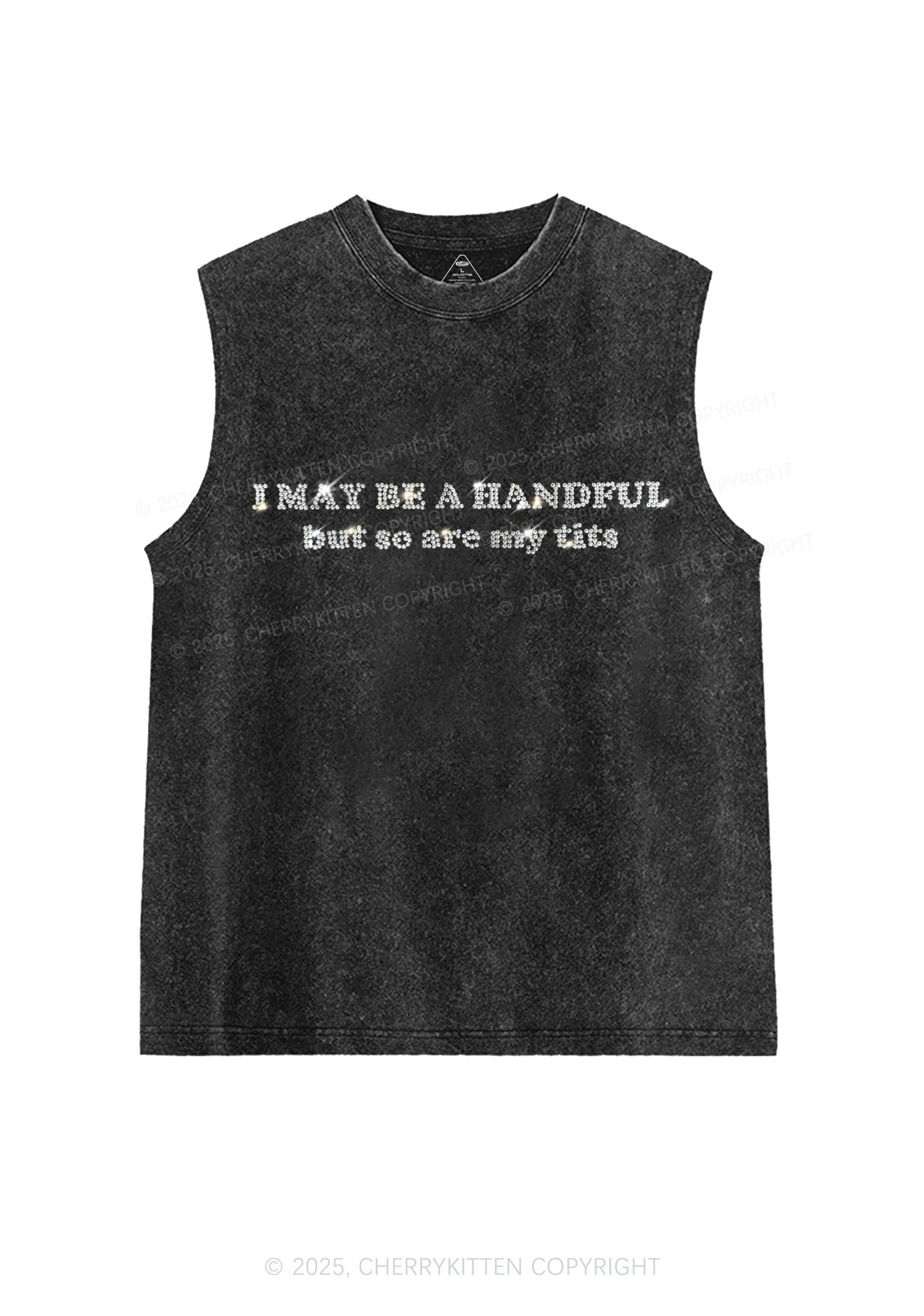 Rhinestone I May Be A Handful Y2K Washed Muscle Tank Cherrykitten