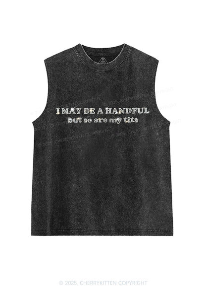 Rhinestone I May Be A Handful Y2K Washed Muscle Tank Cherrykitten
