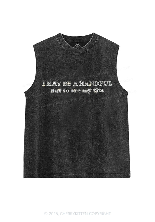 Rhinestone I May Be A Handful Y2K Washed Muscle Tank Cherrykitten