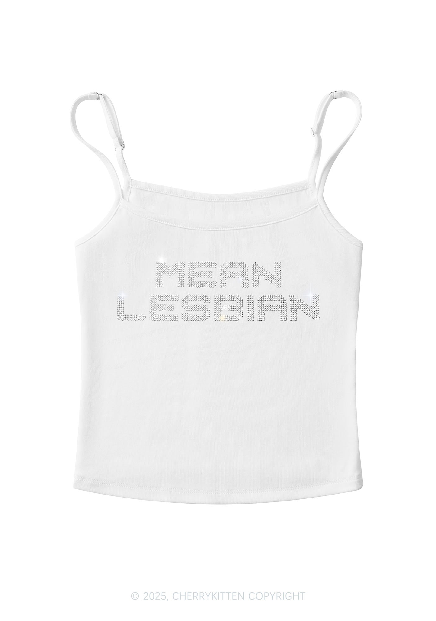 Rhinestone Mean Lesbian Pride Y2K Spaghetti Strap Cami Cherrykitten