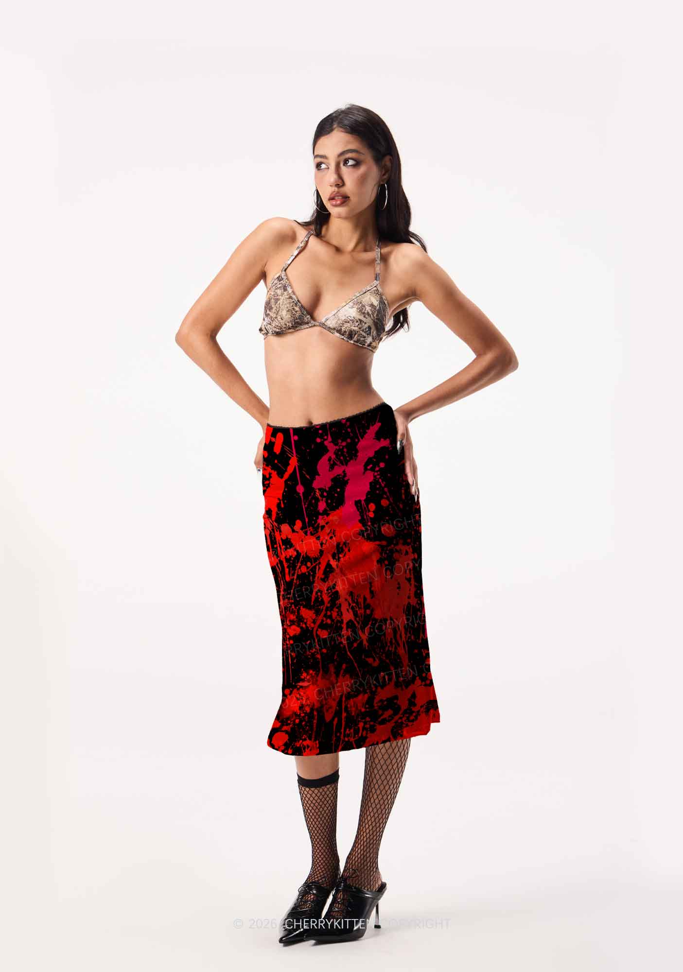 Halloween Red Blood On Black Y2K Print Midi Skirt Cherrykitten