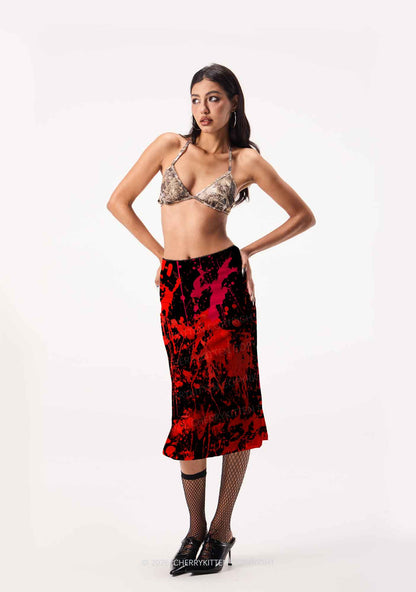 Halloween Red Blood On Black Y2K Print Midi Skirt Cherrykitten