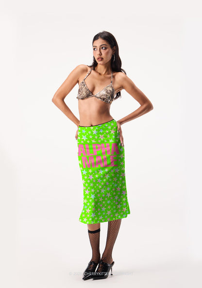 Green Alpha Male Y2K Print Midi Skirt Cherrykitten