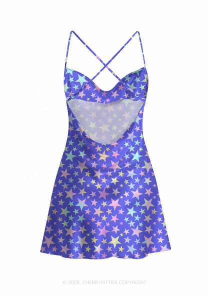 Rainbow Star On Purple Y2K Print Satin Cowl Neck Slip Dress Cherrykitten