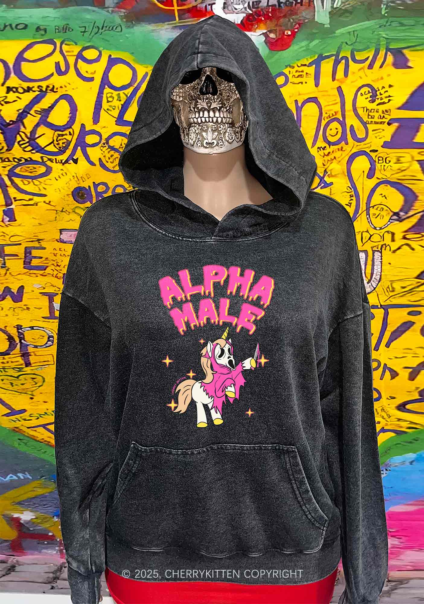 Halloween Unicorn Alpha Male Y2K Washed Hoodie Cherrykitten