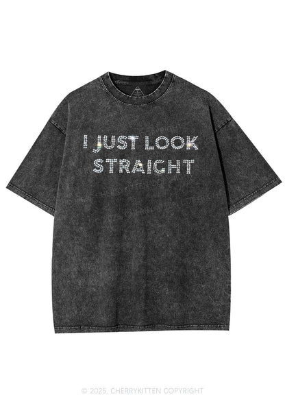 Rhinestone I Just Look Straight Pride Y2K Shirts Washed Tee Cherrykitten