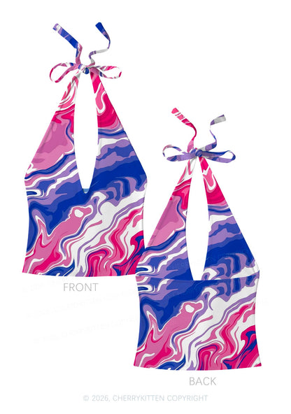Bisexual Liquid Tie Dye Pride Y2K Print Halter Deep V Neck Cami Cherrykitten