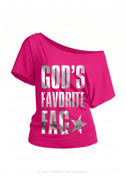 Gods Favorite Fag Pride Silver Foil Printed Y2K Off Shoulder Tee Cherrykitten