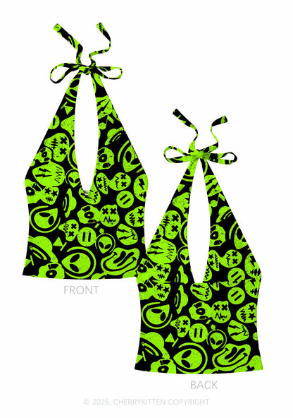 Green Alien Doodle Y2K Print Halter Deep V Neck Cami Cherrykitten