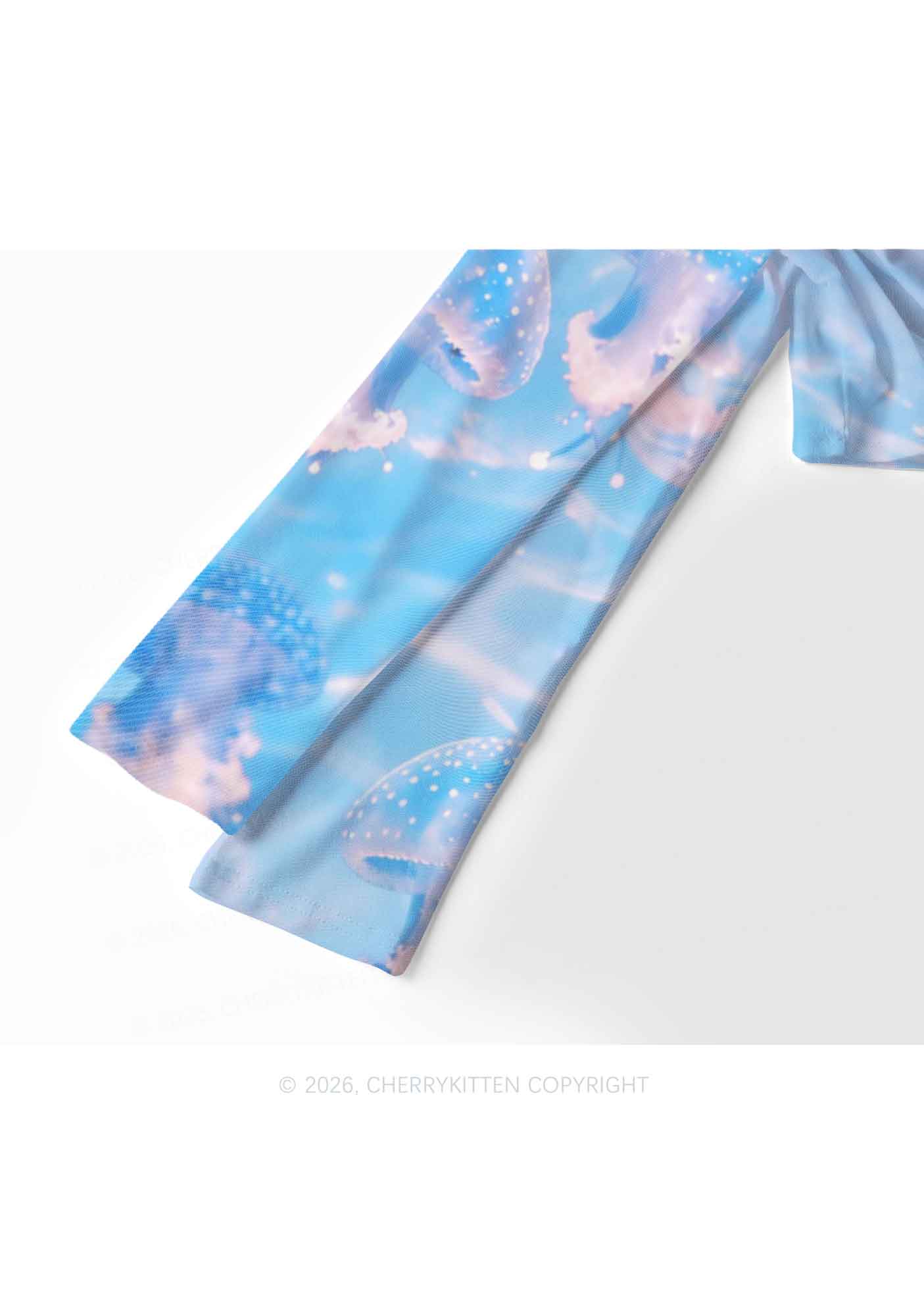 Blue Ocean Jellyfish Y2K Mesh Long Sleeve Crop Top Cherrykitten