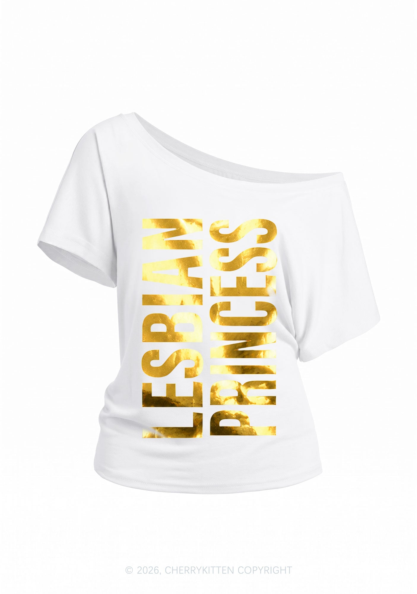 Lesbian Princess Pride Silver Foil Printed Y2K Off Shoulder Tee Cherrykitten