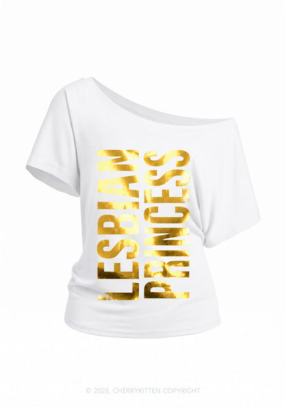 Lesbian Princess Pride Silver Foil Printed Y2K Off Shoulder Tee Cherrykitten