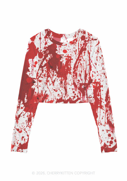 Halloween Red Blood On White Y2K Mesh Long Sleeve Crop Top Cherrykitten