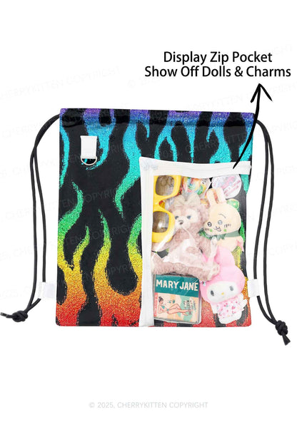 Rainbow Flame Pride Y2K Drawstring Itabag Backpack Cherrykitten