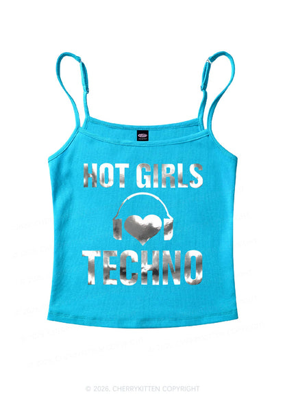 Hot Girls Love Techno Silver Foil Printed Y2K Spaghetti Strap Cami Cherrykitten