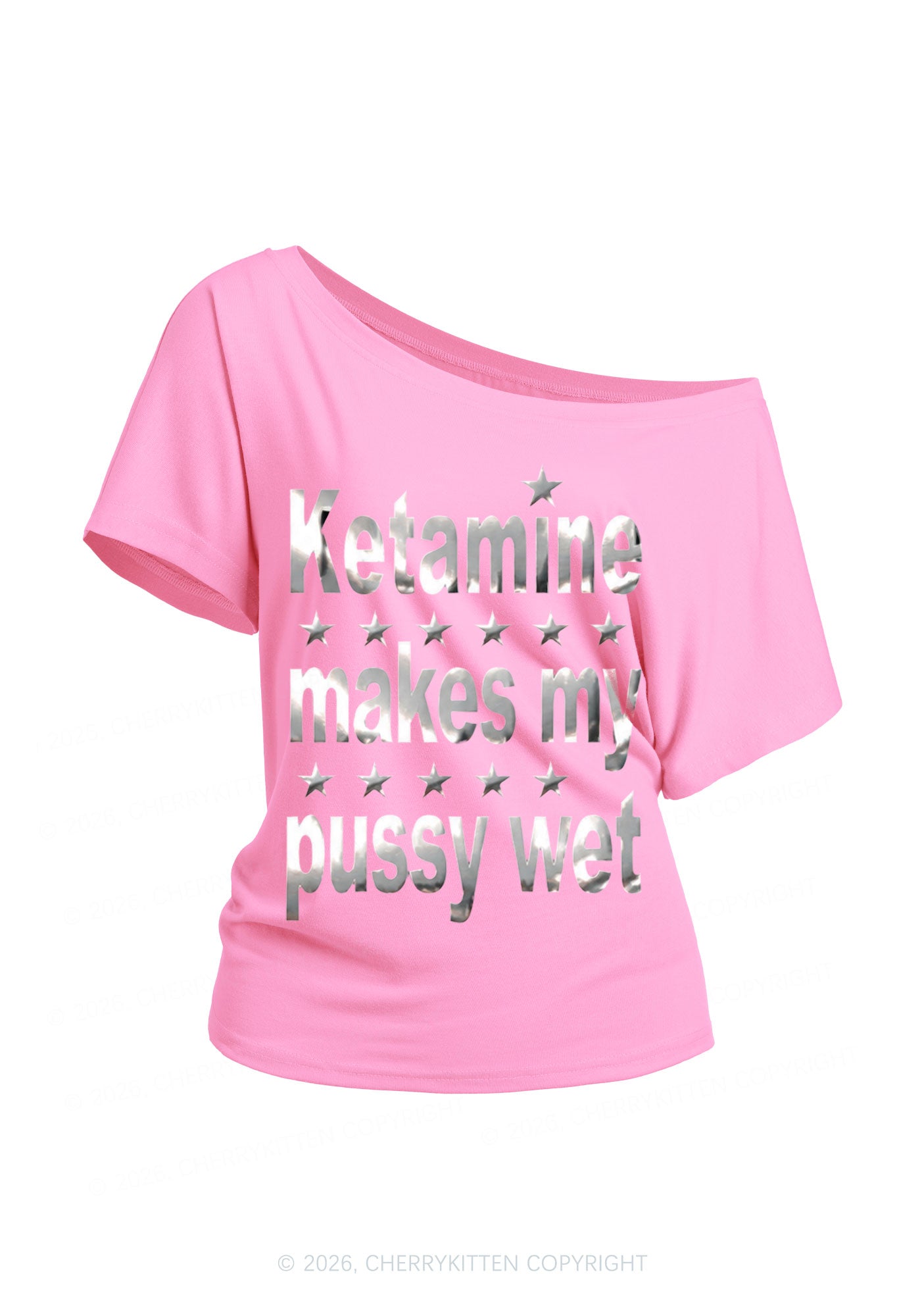 K Makes My Puxxy Wet Silver Foil Printed Y2K Off Shoulder Tee Cherrykitten