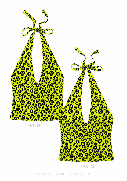 Neon Leopard Y2K Print Halter Deep V Neck Cami Cherrykitten