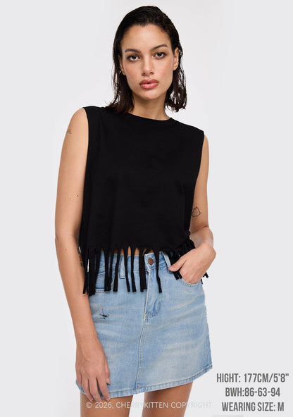 Plain Y2K Fringe Tank Top Cherrykitten