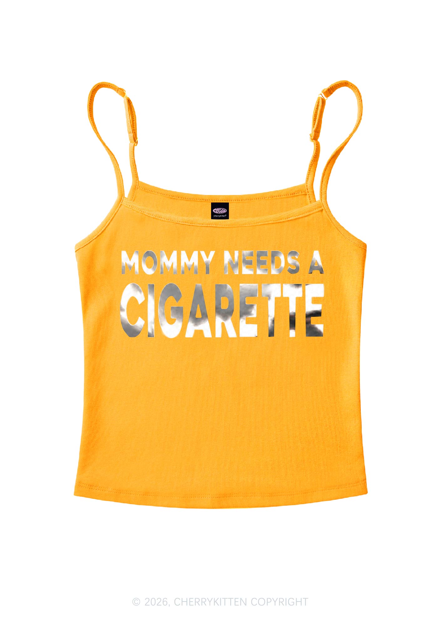 Mommy Needs A Cigarette Silver Foil Printed Y2K Spaghetti Strap Cami Cherrykitten
