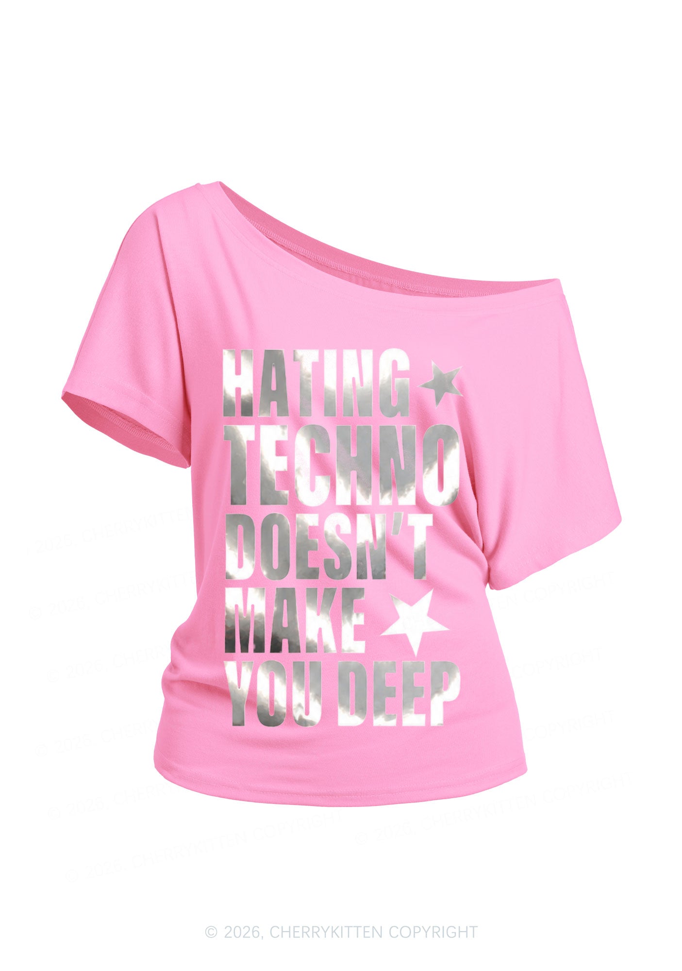 Hating Techno Silver Foil Printed Y2K Off Shoulder Tee Cherrykitten