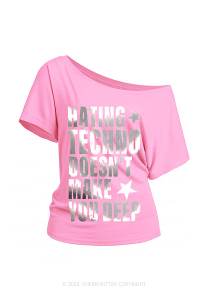Hating Techno Silver Foil Printed Y2K Off Shoulder Tee Cherrykitten