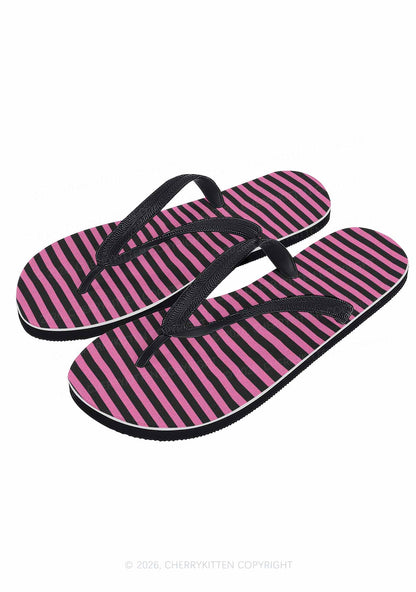 Pink And Black Stripes Y2K Print Flip Flops Cherrykitten