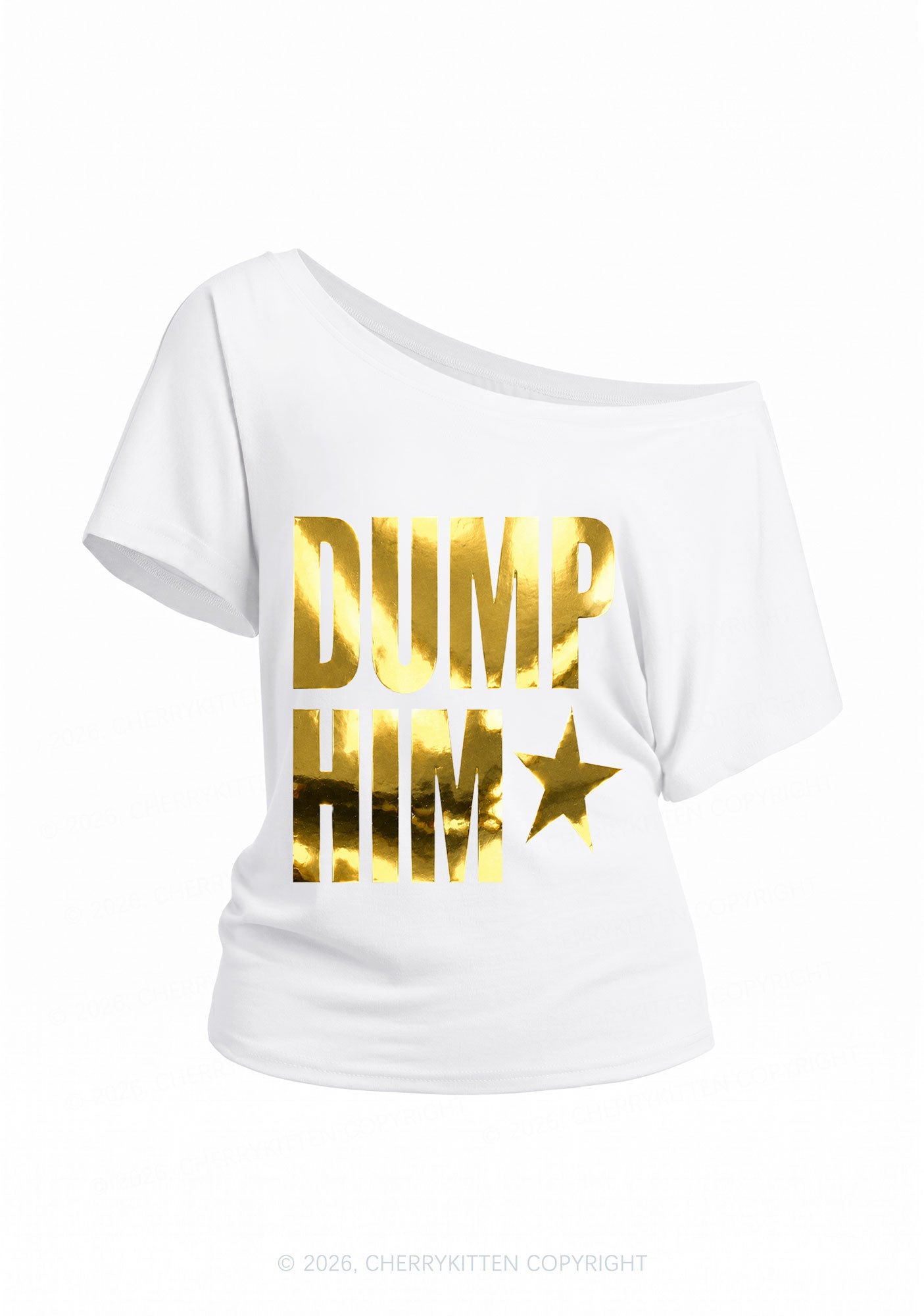 Dump Him Silver Foil Printed Y2K Off Shoulder Tee Cherrykitten