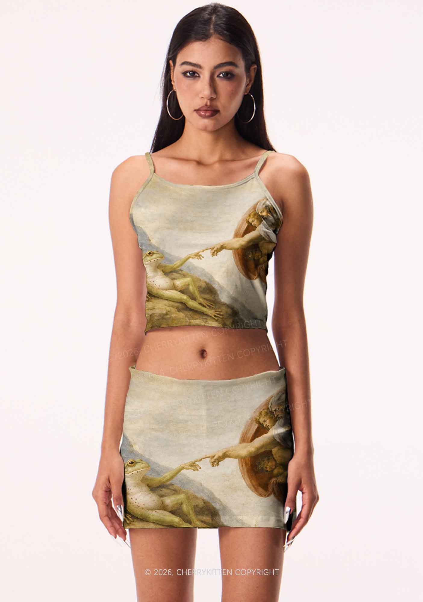 God Hand Touching Frog Y2K Print Cami Crop Top Cherrykitten