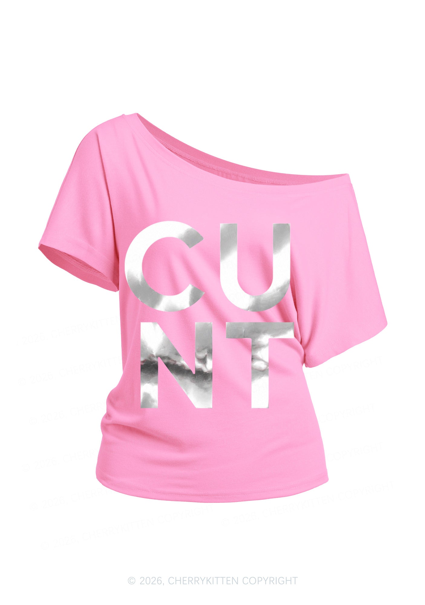 Cxxt Silver Foil Printed Y2K Off Shoulder Tee Cherrykitten