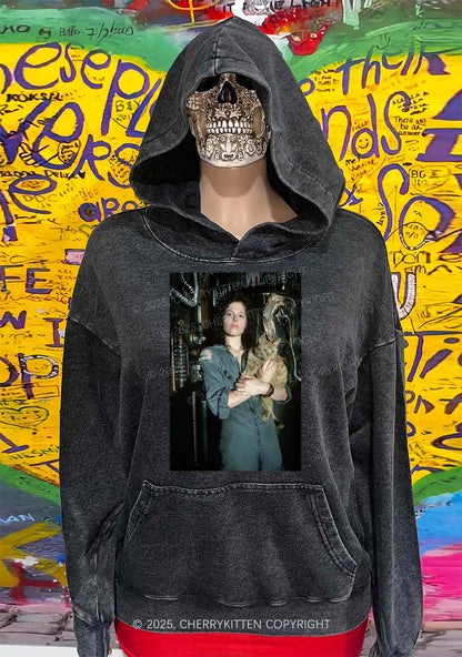 Halloween Space Lady Cat Y2K Washed Hoodie Cherrykitten