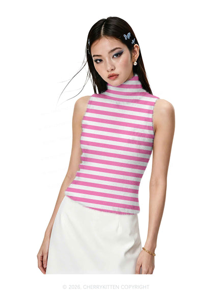 Hot Pink White Stripes Y2K Knit Turtleneck Tank Top Cherrykitten