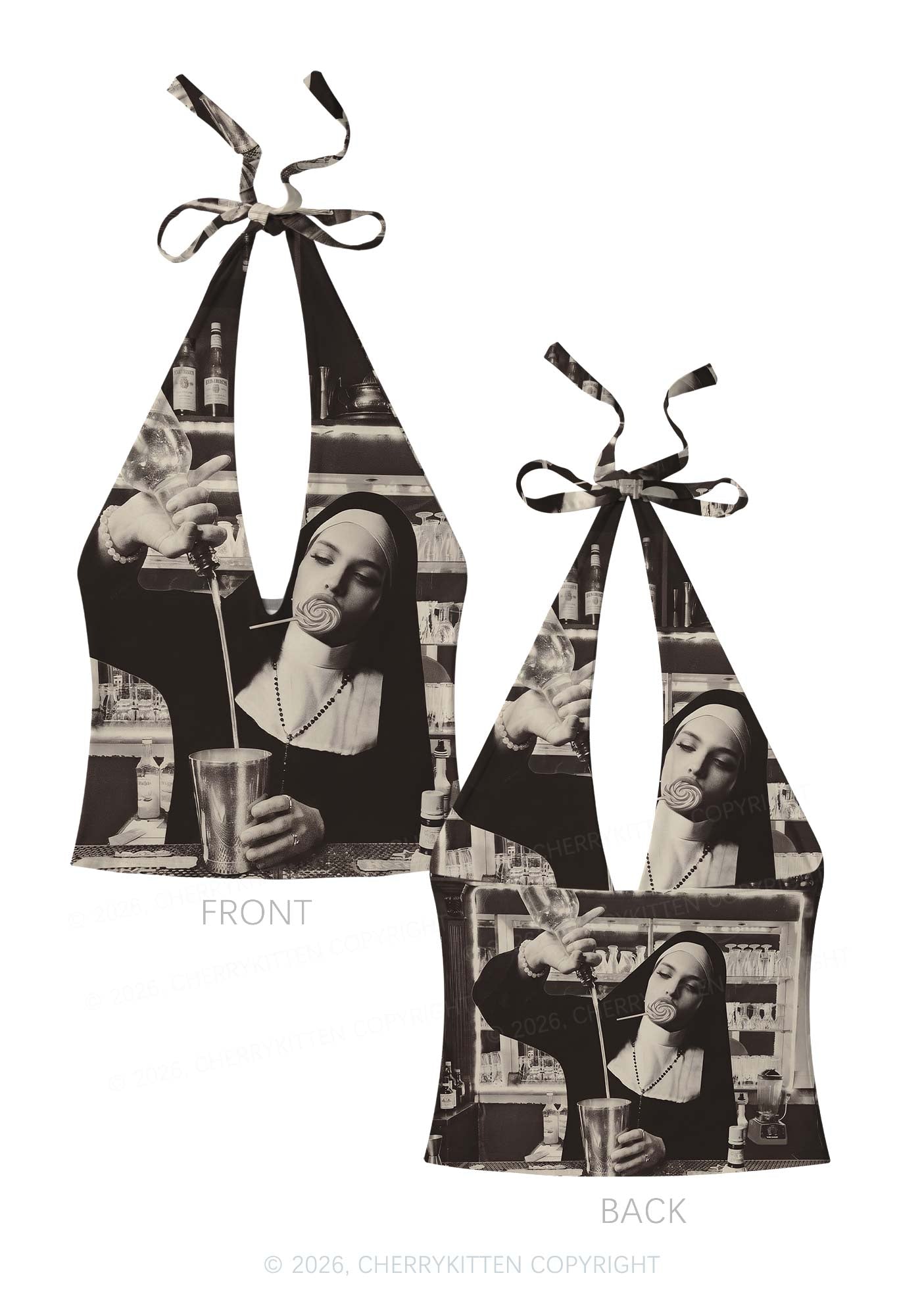 Nun Bartender Y2K Print Halter Deep V Neck Cami Cherrykitten