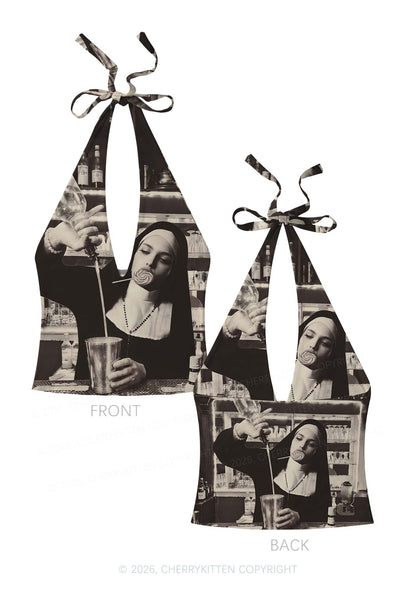 Nun Bartender Y2K Print Halter Deep V Neck Cami Cherrykitten