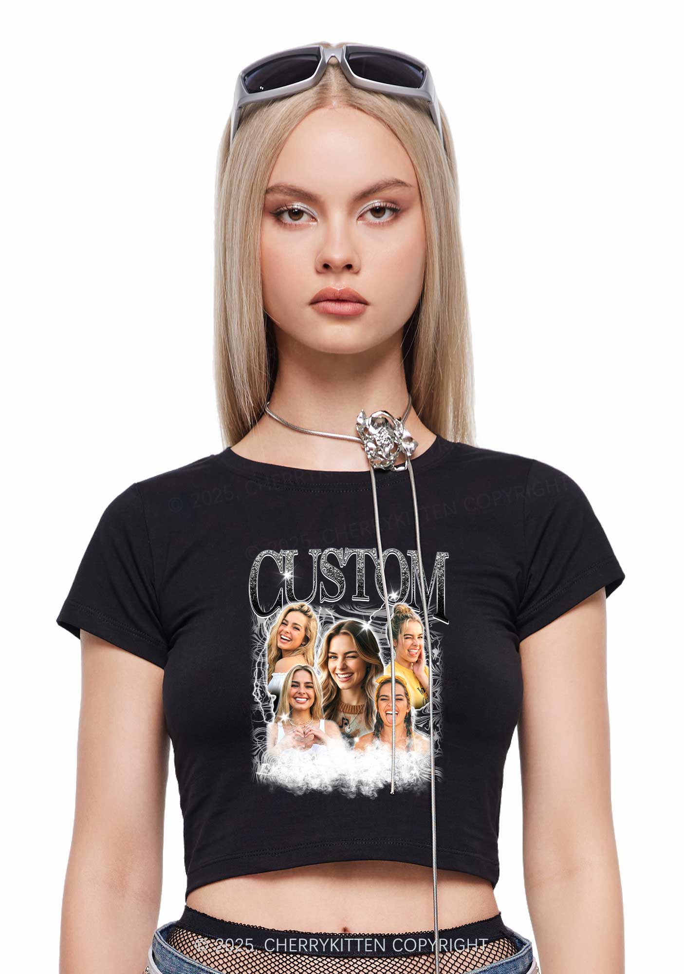 Custom Portrait Glitter Text Y2K Baby Tee Cherrykitten