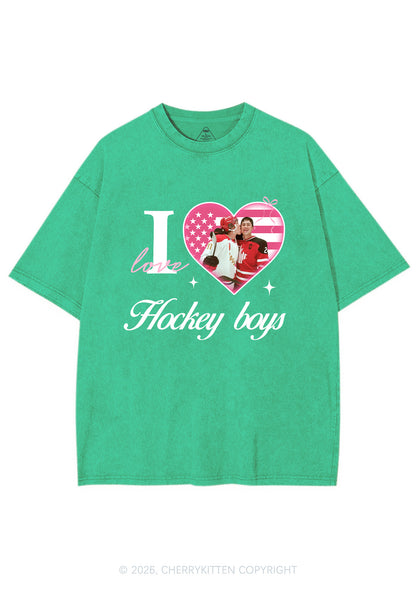 I Love US Hockey Boys HR Y2K Shirts Washed Tee Cherrykitten