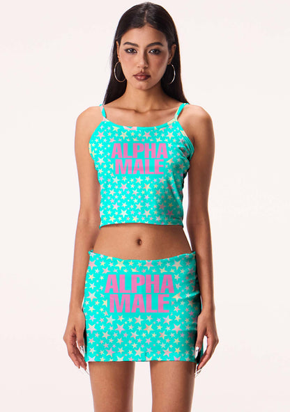 Blue Alpha Male Star Y2K Print Mini Skirt Cherrykitten