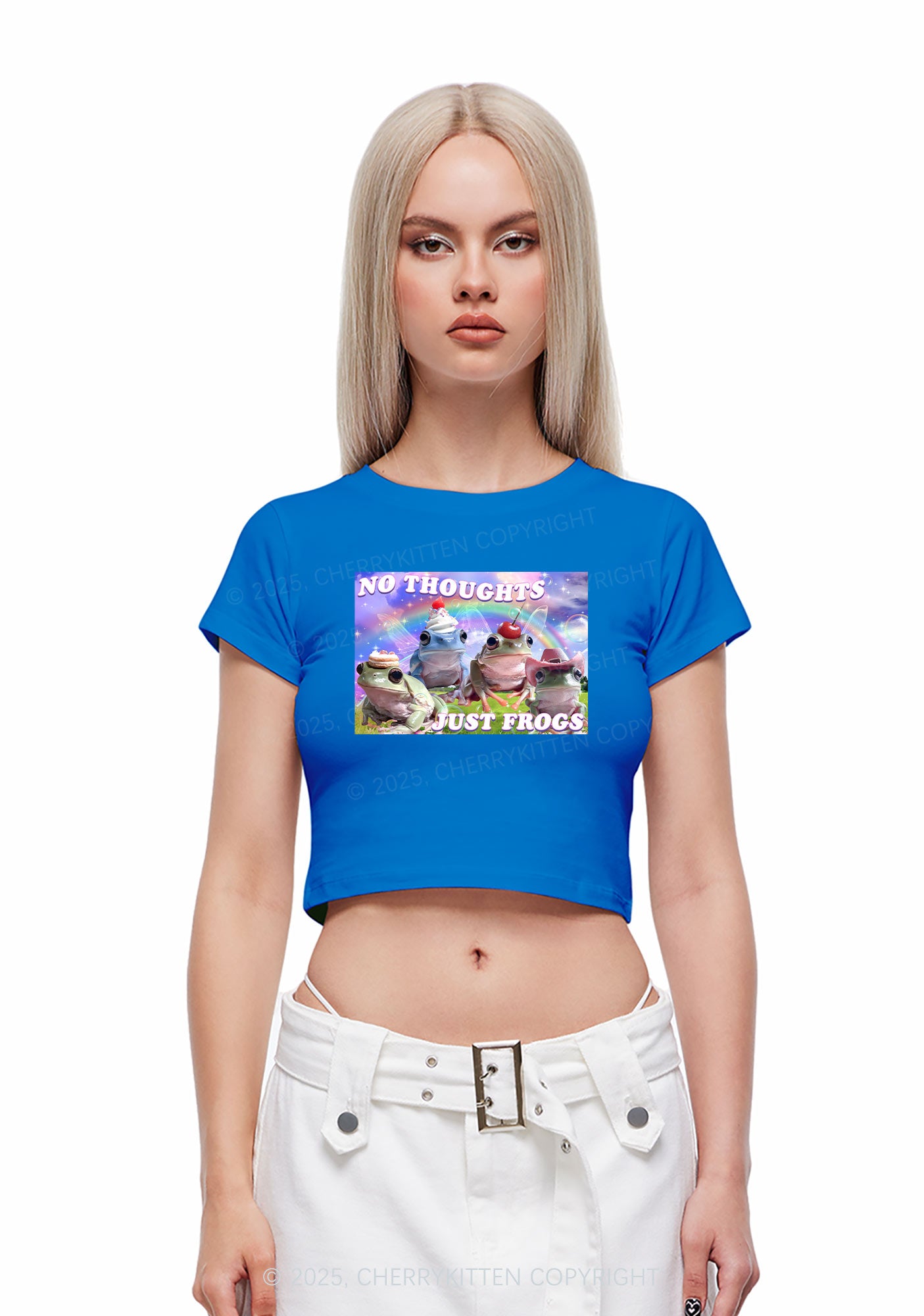 No Thoughts Just Frogs Y2K Baby Tee Cherrykitten