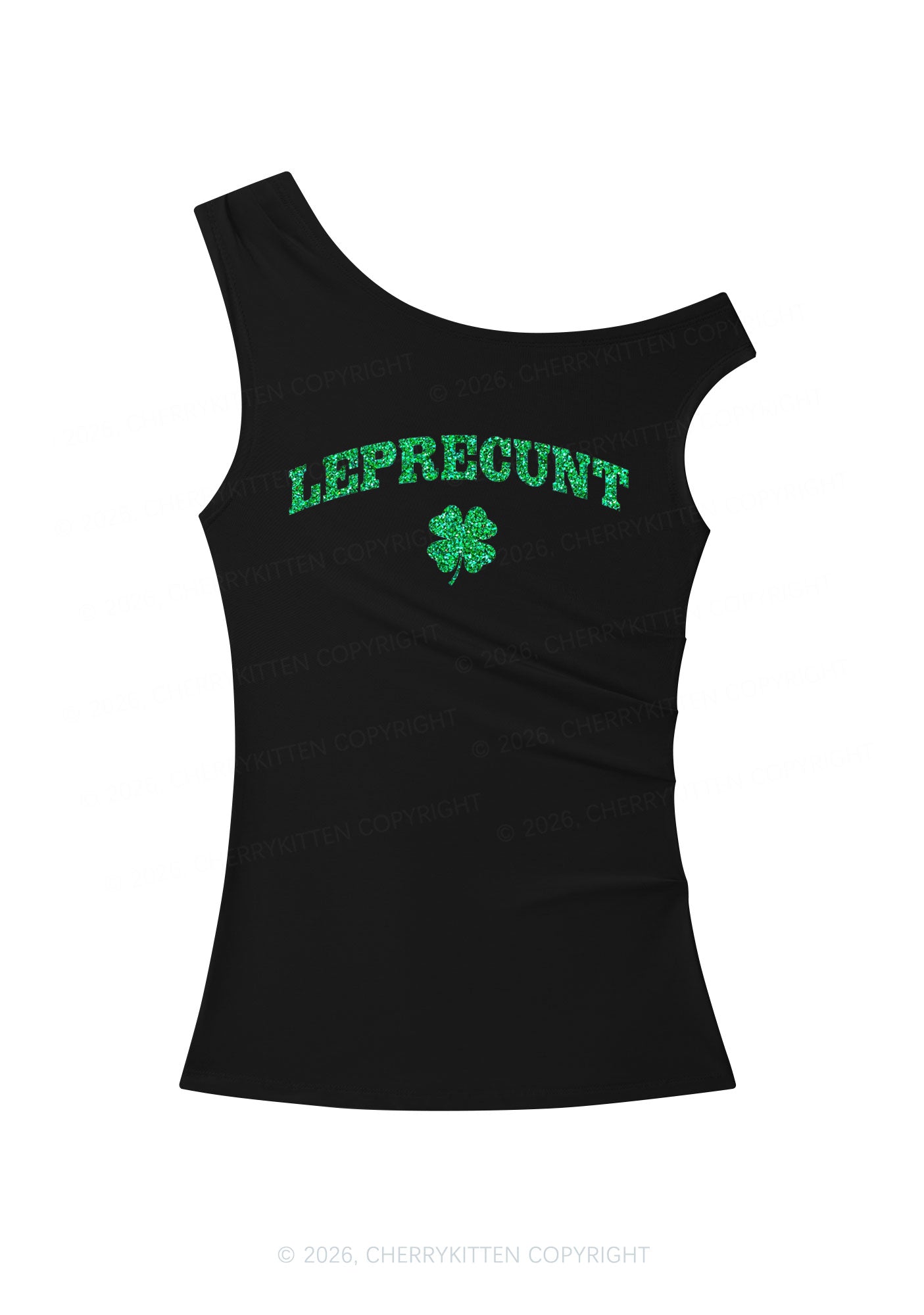 Glitter Leprecunt St Patricks Y2K Off Shoulder Tank Top Cherrykitten