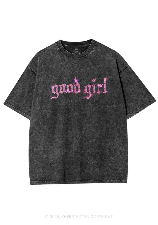 Rhinestone Good Girl Y2K Shirts Washed Tee Cherrykitten